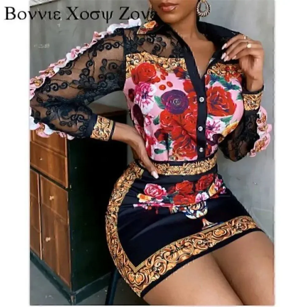Vintage Floral Flower Collar Floral Print Lace Ruffles Top & Skirt XXL EURO